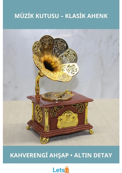 Nostaljik Kahverengi Ahşap Gramofon Müzik Kutusu