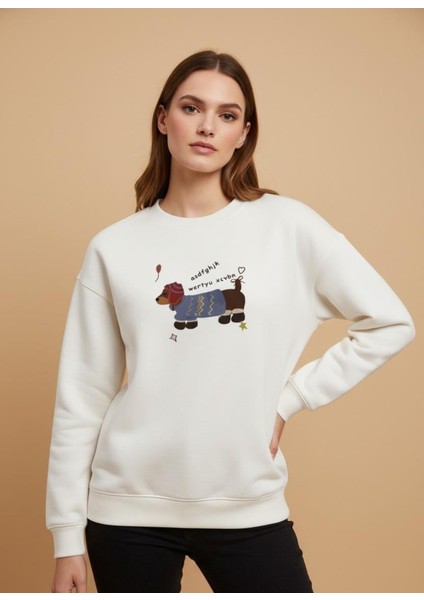 Kadın Premium Kumaş Şardonlu Köpek Baskılı Oversize Sweatshirt