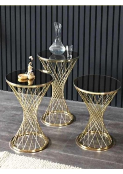 3'lü Kayzer Zigon Sehpa Seti Gold Ayak Siyah Cam
