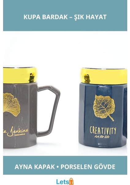 Ayna Kapaklı Şık Porselen Kupa Bardak Sıcak ve Soğuk Içecekler Için
