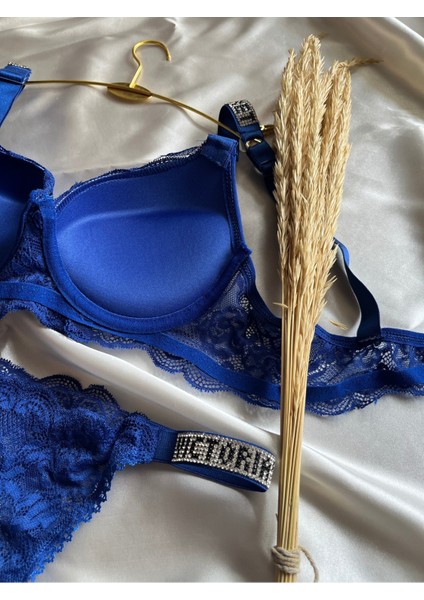 Dantelli Lastiği Taşlı Balenli Destekli Dolgulu Push Up Siyah Sütyen Ve String Iç Çamaşırı Takımı indirimleri