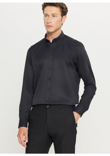 Tailored Fit Düğmeli Yaka Siyah Erkek Gömlek ACE020261599_SYH