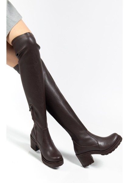 767-3010 Kahve Streç Günlük Kalın Topuklu Kadın Çizme modelleri