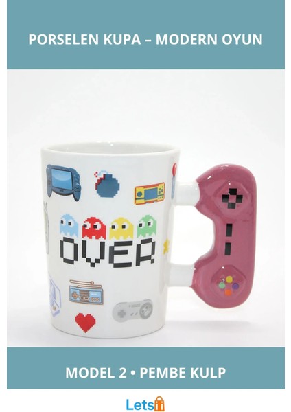 Oyun Temalı Pembe Kulp Porselen Kupa Bardak