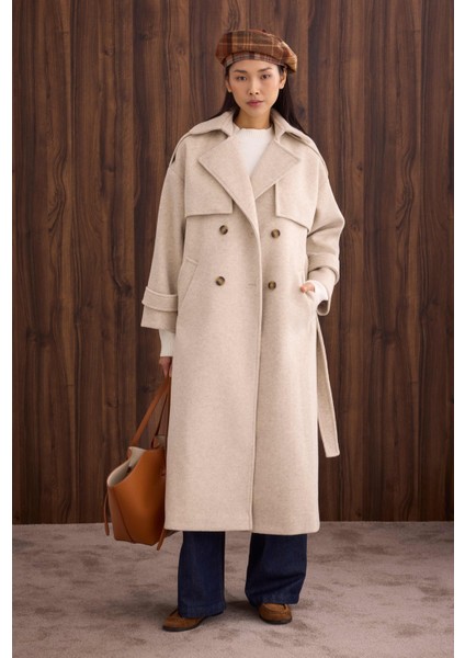 Rüzgarlıklı Uzun Kaban Bej