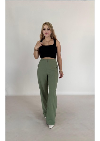 Yüksek Bel Cepli Poliviskon Palazzo Pantolon – Şık Düğme ve Apolet Detaylı Kadın Pantolon