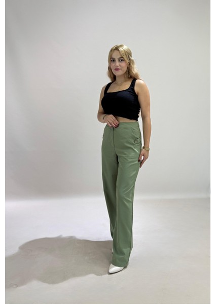 Yüksek Bel Cepli Poliviskon Palazzo Pantolon – Şık Düğme ve Apolet Detaylı Kadın Pantolon fiyatları