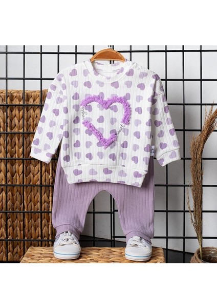 Kız Bebek Ekru Lila Kalpli Desenli Fitilli 2'li Takım - 1016191