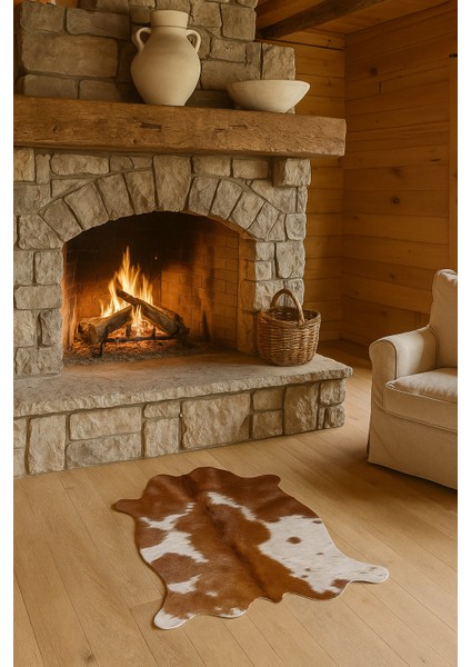 %100 Hakiki Dana Derisi Post Halı – Kahverengi-Beyaz (51X64 Cm)