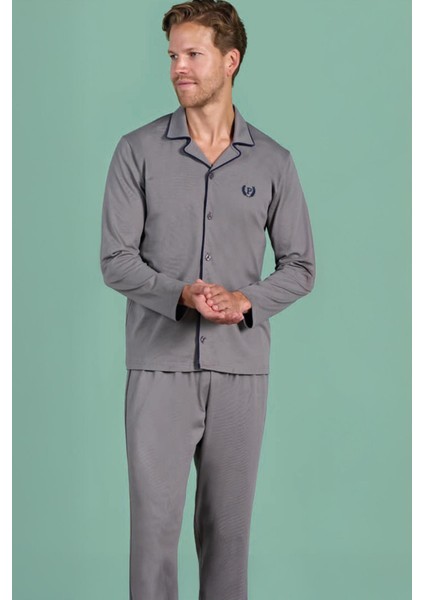Erkek Büyük Beden Füme Renk Uzun Kollu Önden Düğmeli Gömlek Yaka Pijama Takımı C7T3N91