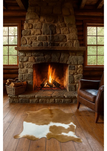 %100 Hakiki Dana Derisi Post Halı – Kahverengi-Beyaz (69X69 Cm)