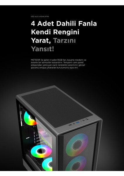 Meteor 650W 80 Plus Standart 4xrgb Fan 1xusb3.1 + 2xusb2.0 Siyah Oyuncu Kasası