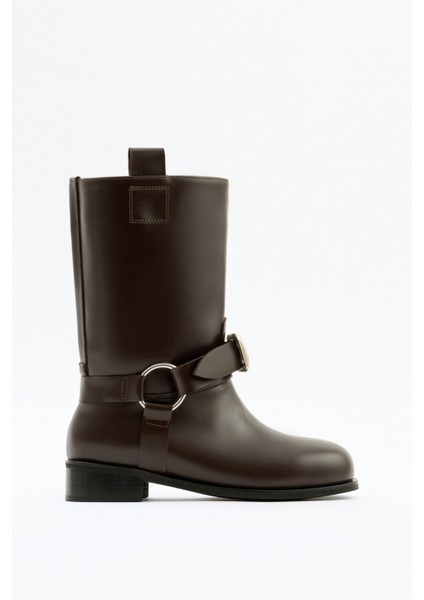 Çizme 2518 - Çift Tokalı Biker Acı Kahve Kadın Çizme