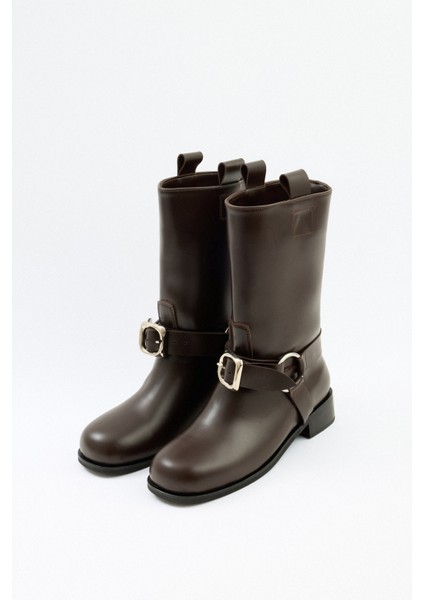 Çizme 2518 - Çift Tokalı Biker Acı Kahve Kadın Çizme modelleri