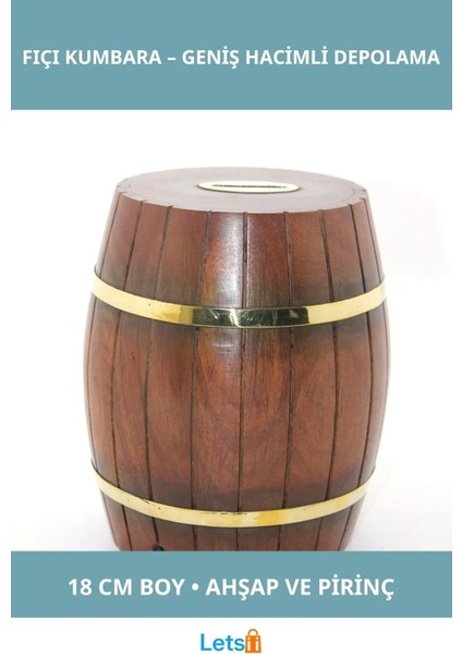 Pirinç Ahşap Fıçı Kumbara 18 cm Dayanıklı Dekoratif Para Biriktirme Aracı