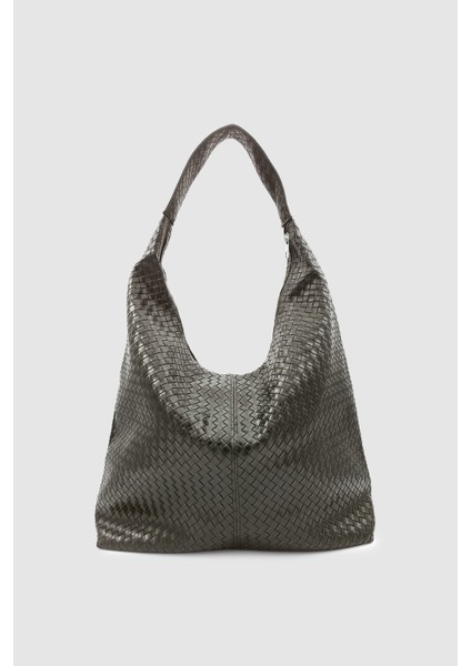 Plaro Örgü Desen Büyük Hacimli Fermuarlı Hobo Omuz Çantası Haki