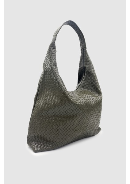 Plaro Örgü Desen Büyük Hacimli Fermuarlı Hobo Omuz Çantası Haki fiyatları