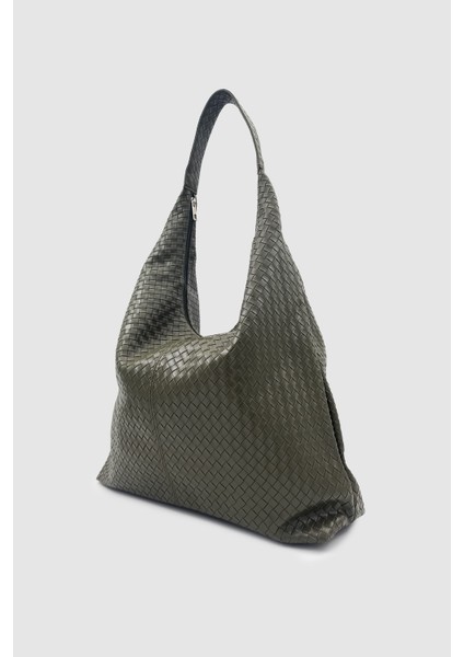 Plaro Örgü Desen Büyük Hacimli Fermuarlı Hobo Omuz Çantası Haki modelleri