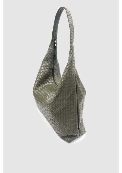 Plaro Örgü Desen Büyük Hacimli Fermuarlı Hobo Omuz Çantası Haki fırsatları