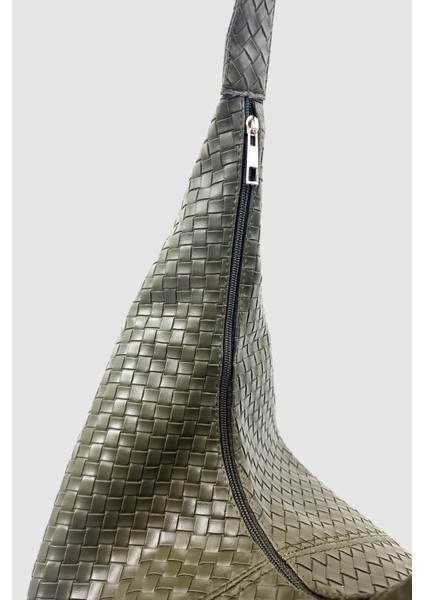 Plaro Örgü Desen Büyük Hacimli Fermuarlı Hobo Omuz Çantası Haki indirimleri