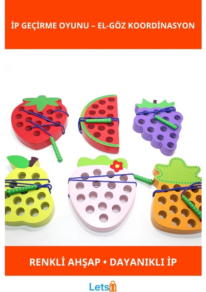 Eğitici Ahşap Ip Geçirme Oyunu Renkli Motor Becerileri Geliştirici