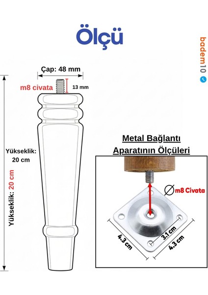 Bohem 20 cm Doğal Ahşap Ayak Boyasız Ham Silindir Mobilya Koltuk Kanepe Ayağı Metal Aparat Dahil fırsatları