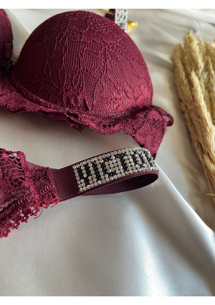 Dantelli Lastiği Taşlı Balenli Destekli Dolgulu Push Up Siyah Sütyen Ve String Iç Çamaşırı Takımı fiyatları