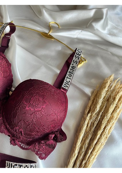 Dantelli Lastiği Taşlı Balenli Destekli Dolgulu Push Up Siyah Sütyen Ve String Iç Çamaşırı Takımı indirimleri