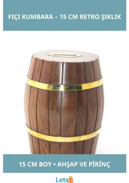 Pirinç Ahşap Fıçı Kumbara 15 cm Dekoratif Para Biriktirme Aracı
