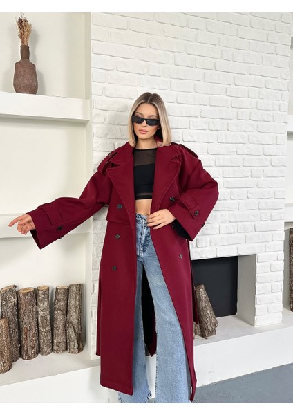 Kadın Kaşe Kuşaklı Pelerin Detay Extra Oversize Kaban / Trençkot