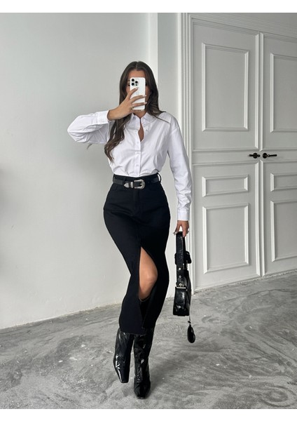 Kadın Ucu Kesik Ön Yırtmaç Kot Etek