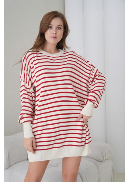 Kadın Uzun Kol Bisiklet Yaka Tunik Boy Çizgili Oversize Şık Kışlık Triko Kazak Elbise