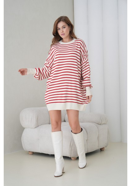 Kadın Uzun Kol Bisiklet Yaka Tunik Boy Çizgili Oversize Şık Kışlık Triko Kazak Elbise fiyatları