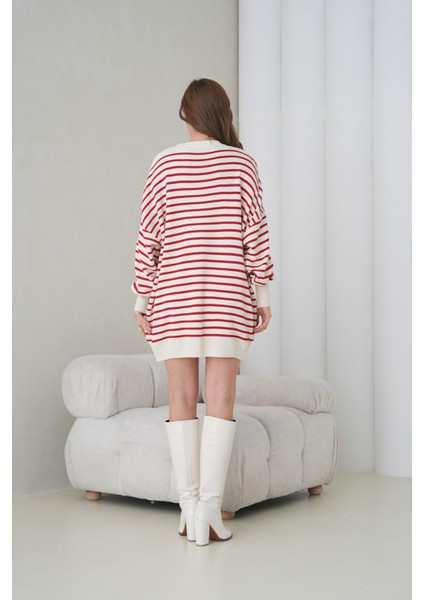 Kadın Uzun Kol Bisiklet Yaka Tunik Boy Çizgili Oversize Şık Kışlık Triko Kazak Elbise modelleri