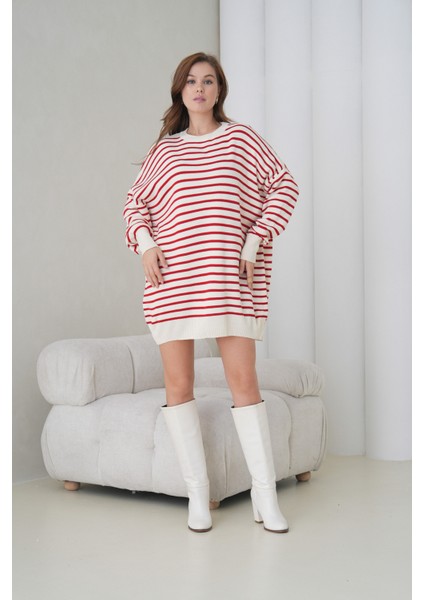 Kadın Uzun Kol Bisiklet Yaka Tunik Boy Çizgili Oversize Şık Kışlık Triko Kazak Elbise fırsatları