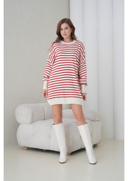 Kadın Uzun Kol Bisiklet Yaka Tunik Boy Çizgili Oversize Şık Kışlık Triko Kazak Elbise indirimleri