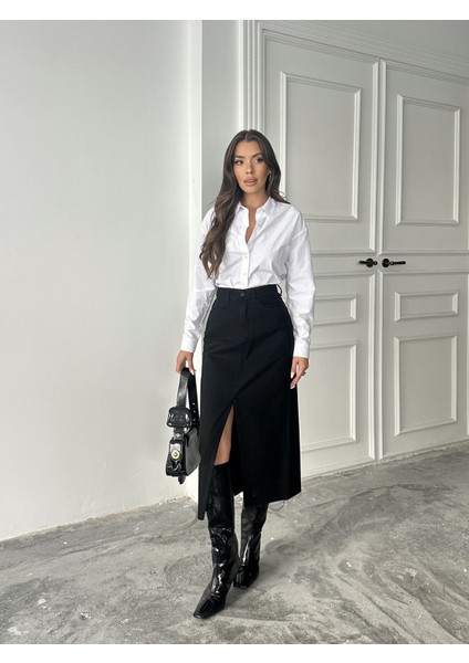 Kadın Ucu Kesik Ön Yırtmaç Kot Etek fiyatları