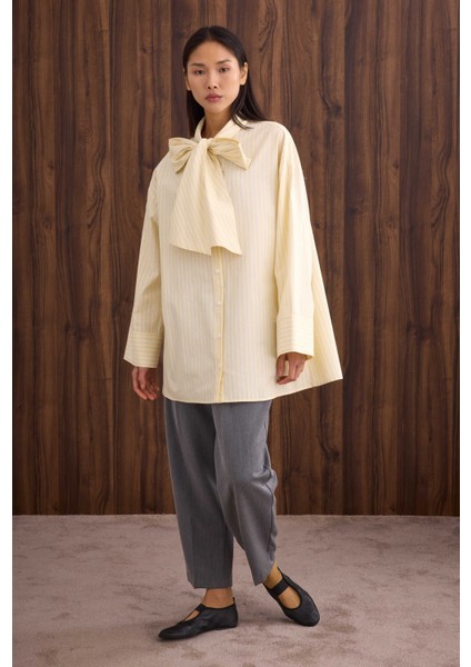 Fiyonk Detaylı Gömlek Soft Sarı Çizgi