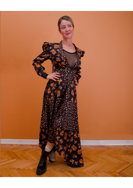 Çiçekli Mat Saten Maxi Elbise