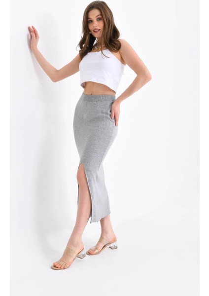 Kadın Etek Triko Bel Lastikli Yırtmaçlı Etek Gri - 10169