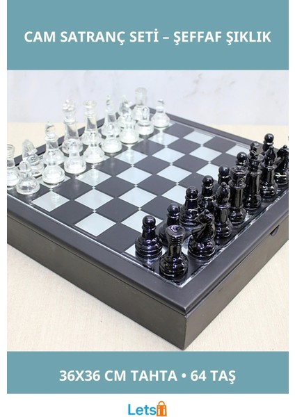 Şeffaf Cam Taşlı Kutu Içinde 36X36 cm Satranç Oyunu