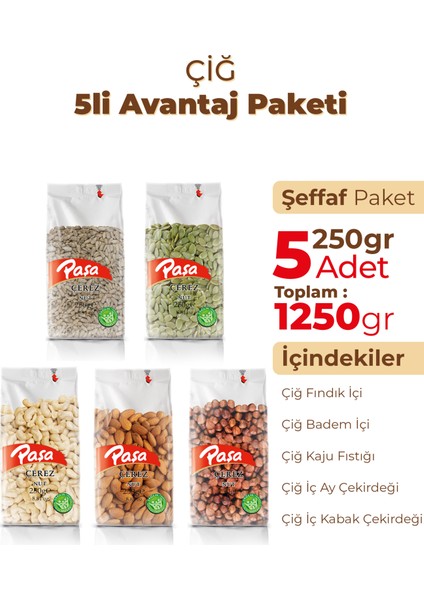 Çiğ Karışık Kuruyemiş 5li Avantaj Paketi 1250 Gr, Çiğ Fındık, Çiğ Badem, Çiğ Kaju, Iç Kabak, Iç Ay Çekirdeği fiyatları