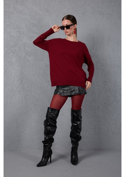 Kadın Bordo Omuzları Taş Detaylı Geniş Manşetli Bisiklet Yaka Triko Bluz indirimleri