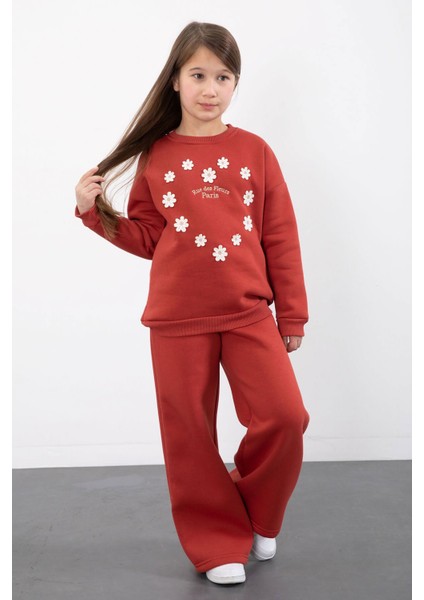 Kiremit Çiçek Nakışlı Şardonlu Kız Çocuk Geniş Paça Eşofman Takımı 23348