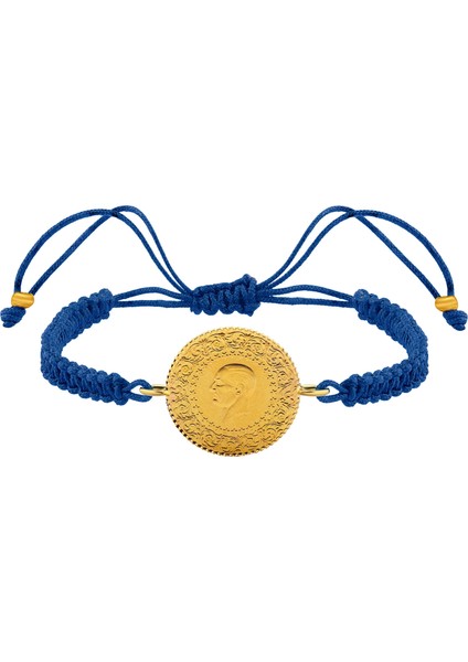 22 Ayar Yeni Çeyrek Altın Mavi Renkli Ipli Bileklik