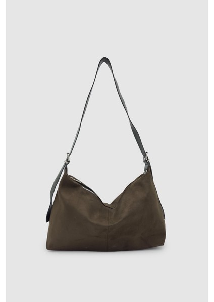 Suroa Ayarlanabilir Askılı Yumuşak Formlu Süet Hobo Kadın El, Kol ve Omuz Çantası Haki