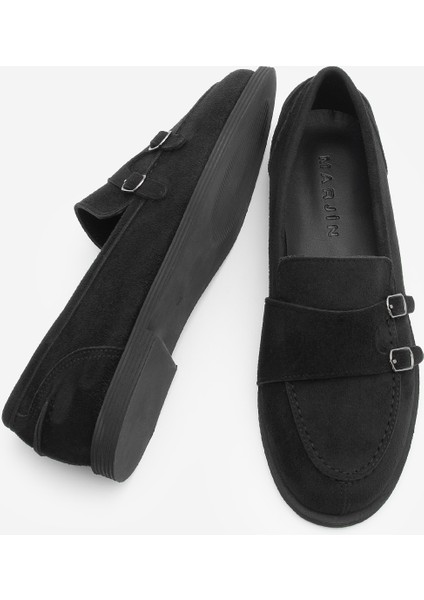 Kadın Loafer Makosen Tokalı Günlük Ayakkabı Ovora Siyah Süet
