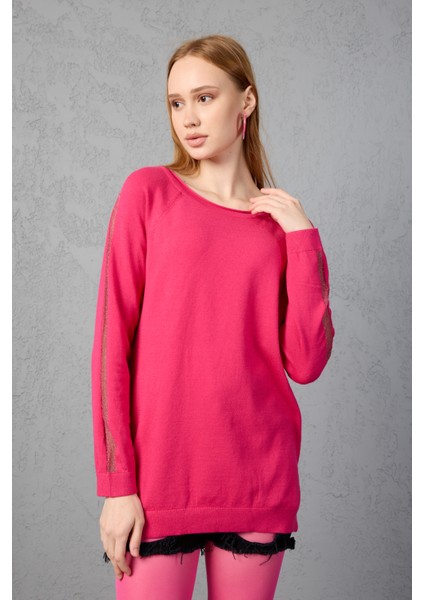 Kadın Fuşya Reglan Kol Simli Detaylı Yuvarlak Yaka Triko Bluz