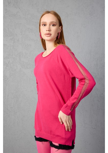 Kadın Fuşya Reglan Kol Simli Detaylı Yuvarlak Yaka Triko Bluz fiyatları