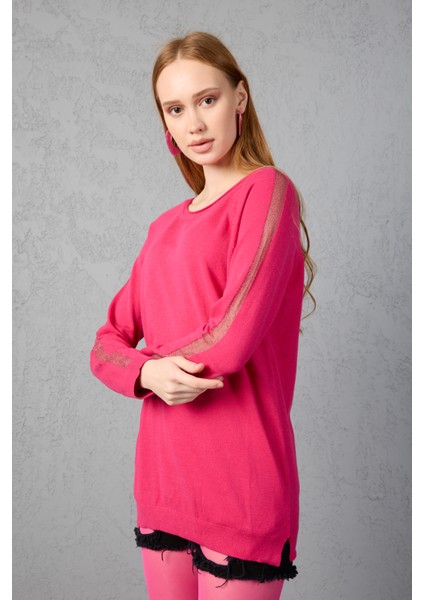 Kadın Fuşya Reglan Kol Simli Detaylı Yuvarlak Yaka Triko Bluz modelleri